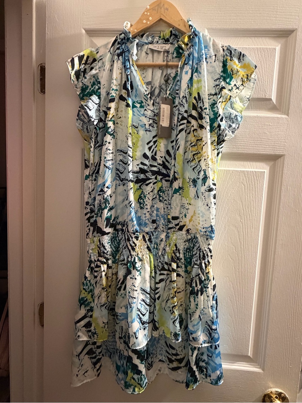 Lola & Sophie Abstract Print Mini Dress in Blue, White & Yellow
